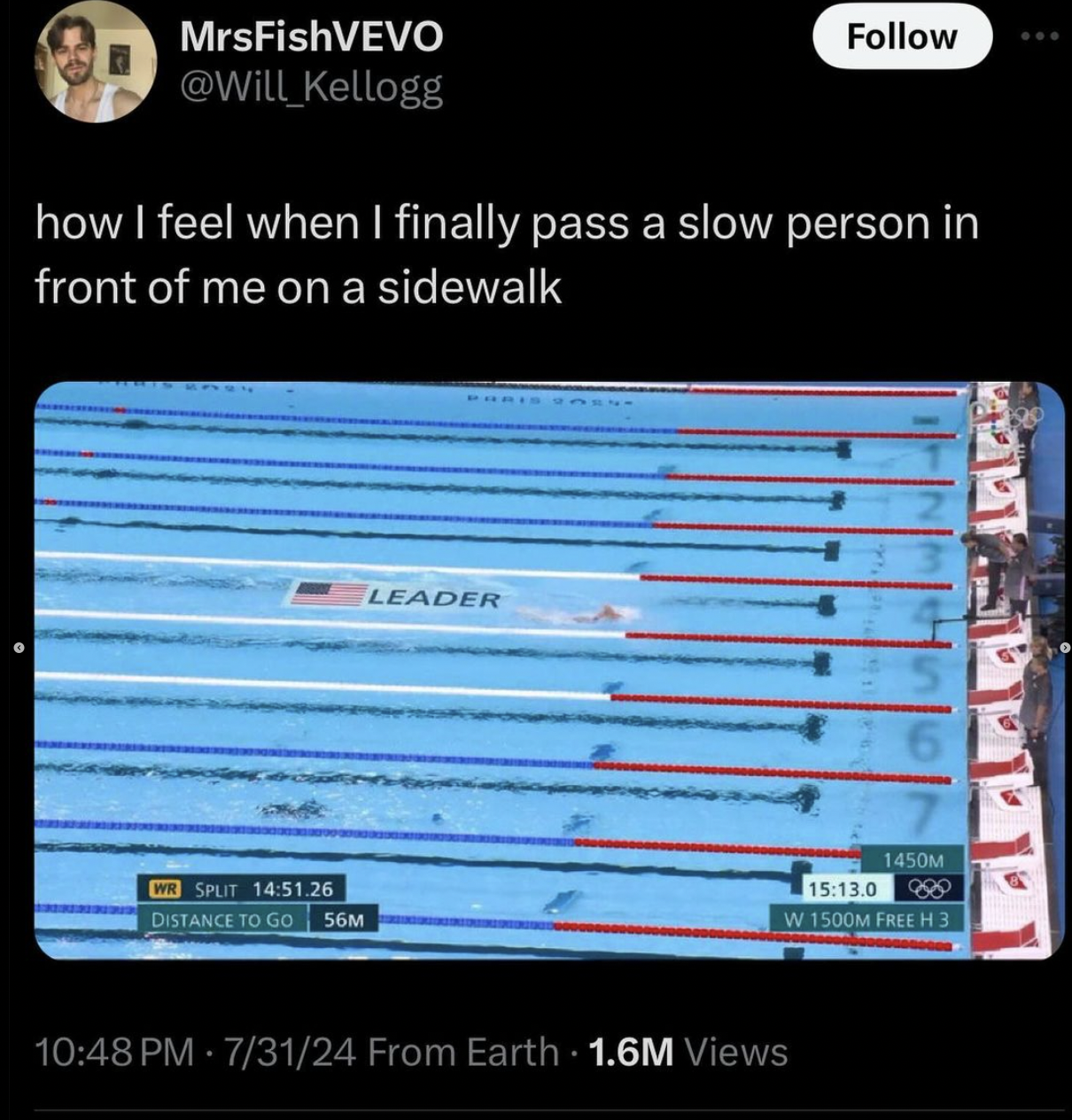 Katie Ledecky - MrsFishVEVO Kellogg how I feel when I finally pass a slow person in front of me on a sidewalk Wr Split .26 Distance To Go 56M Leader 73124 From Earth 1.6M Views .0 1450M W 1500M Free H3